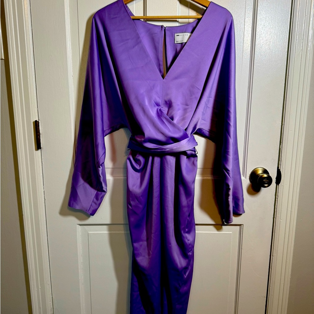 ASOS midi dress with batwing sleeve and wrap waist in lilac satin
